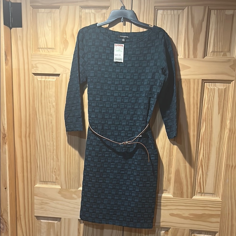 Tahari Navy Textured Long Sleeve Dress with Belt